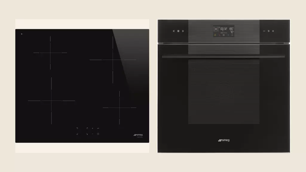 Официальные фотографии индукционной панели Smeg SI2641D и духового шкафа Smeg SO6102S3PB3 на тёплом фоне