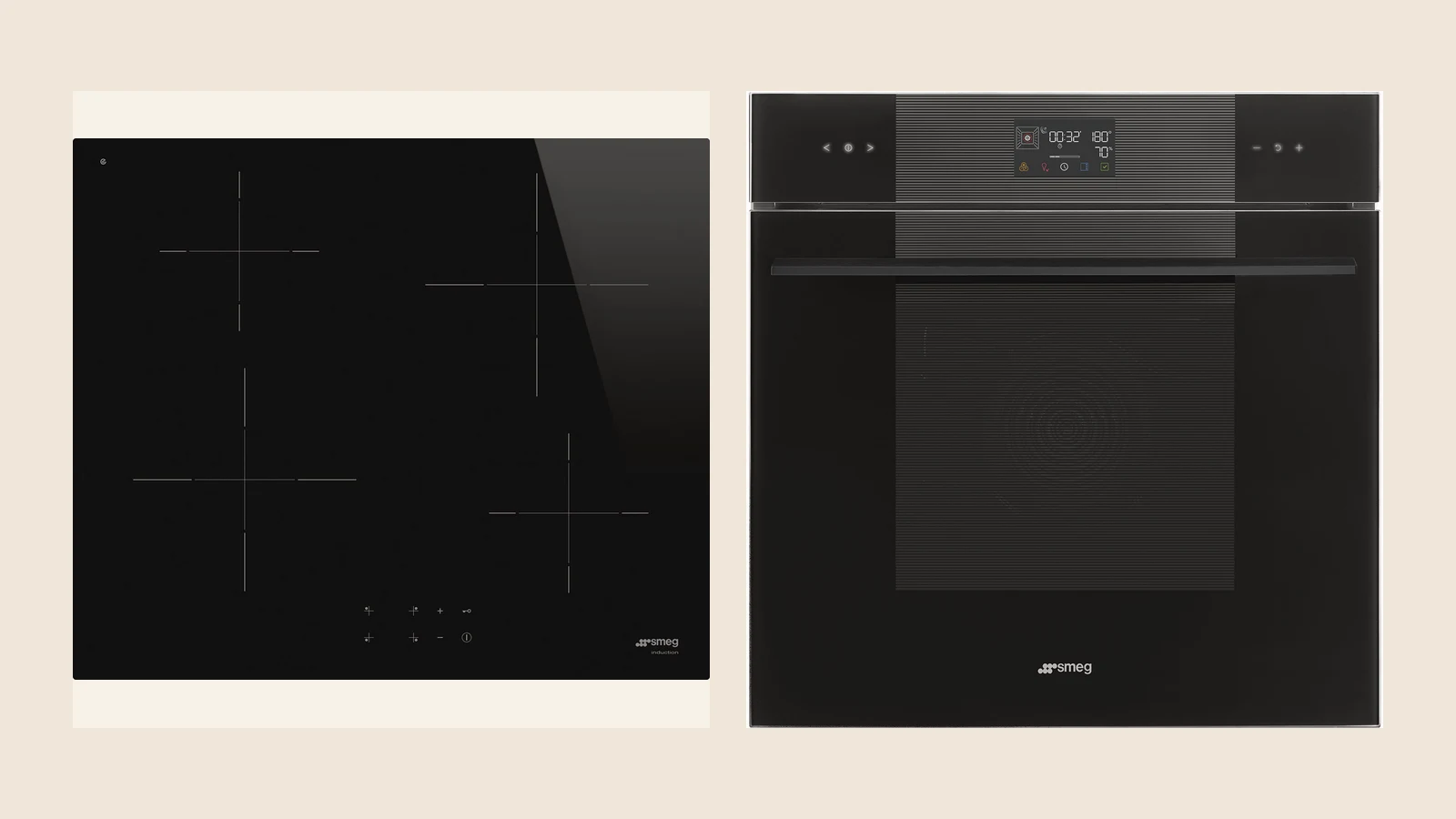 Официальные фотографии индукционной панели Smeg SI2641D и духового шкафа Smeg SO6102S3PB3 на тёплом фоне