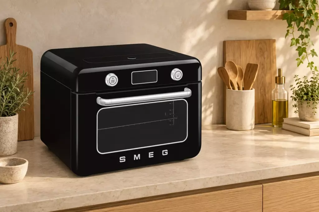 Настольная духовка с паром Smeg COF01BLEU на кухонной столешнице
