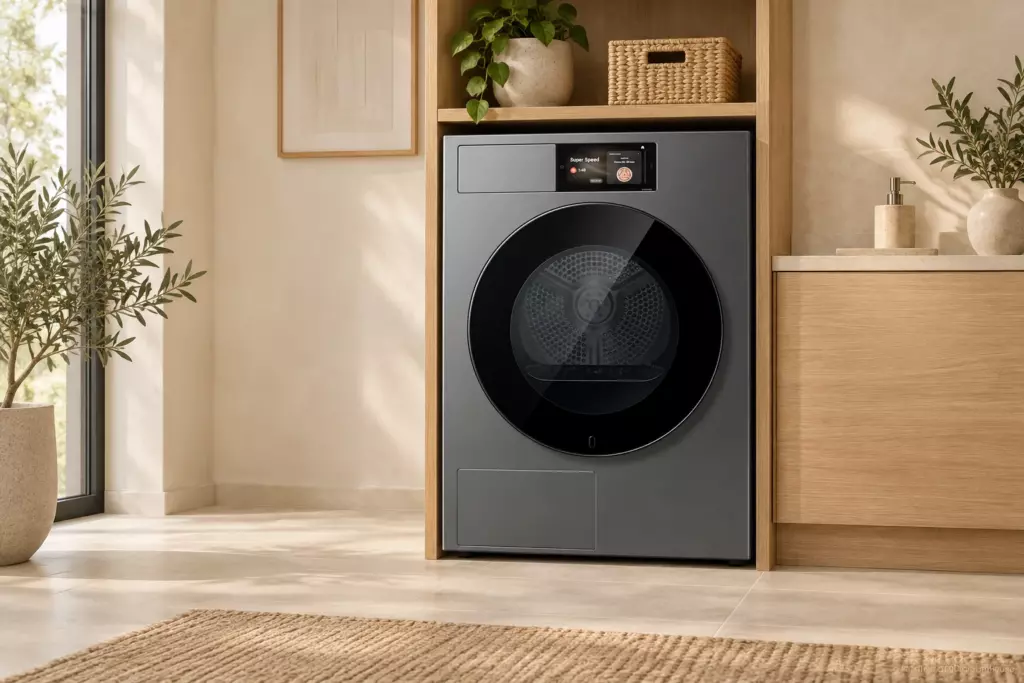 Сушильная машина Samsung в открытом мебельном шкафу постирочной