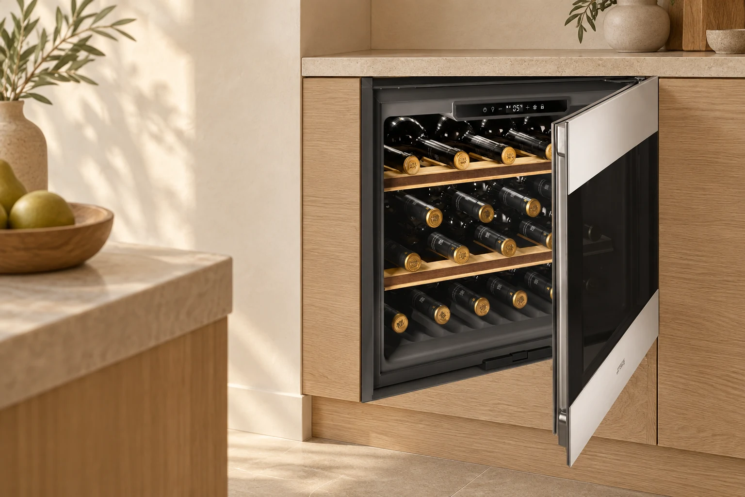 Открытый встраиваемый винный шкаф Smeg CVI320XE в тёплой кухне