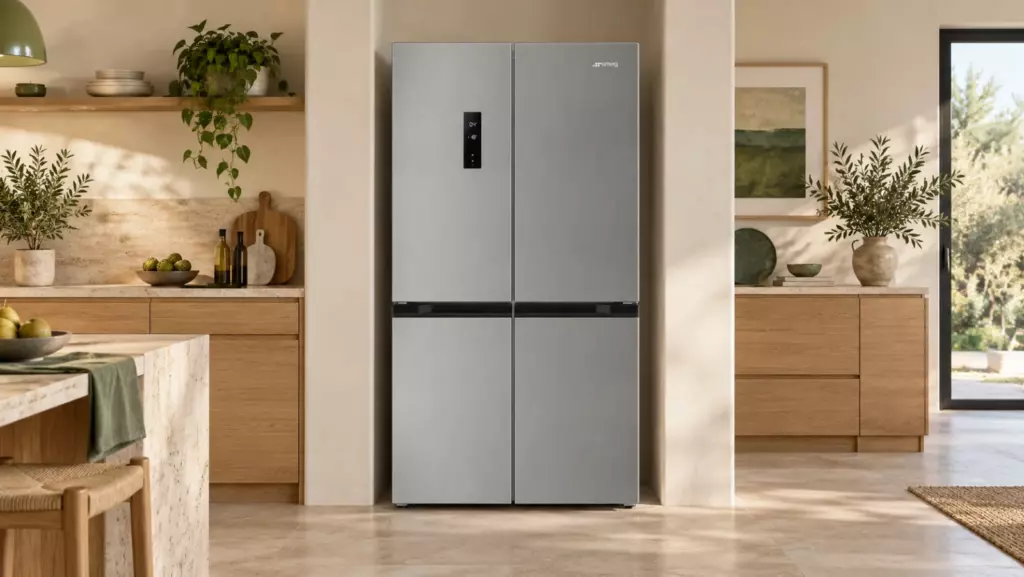Четырёхдверный холодильник Smeg FQI48XD в светлой кухне с деревянной мебелью