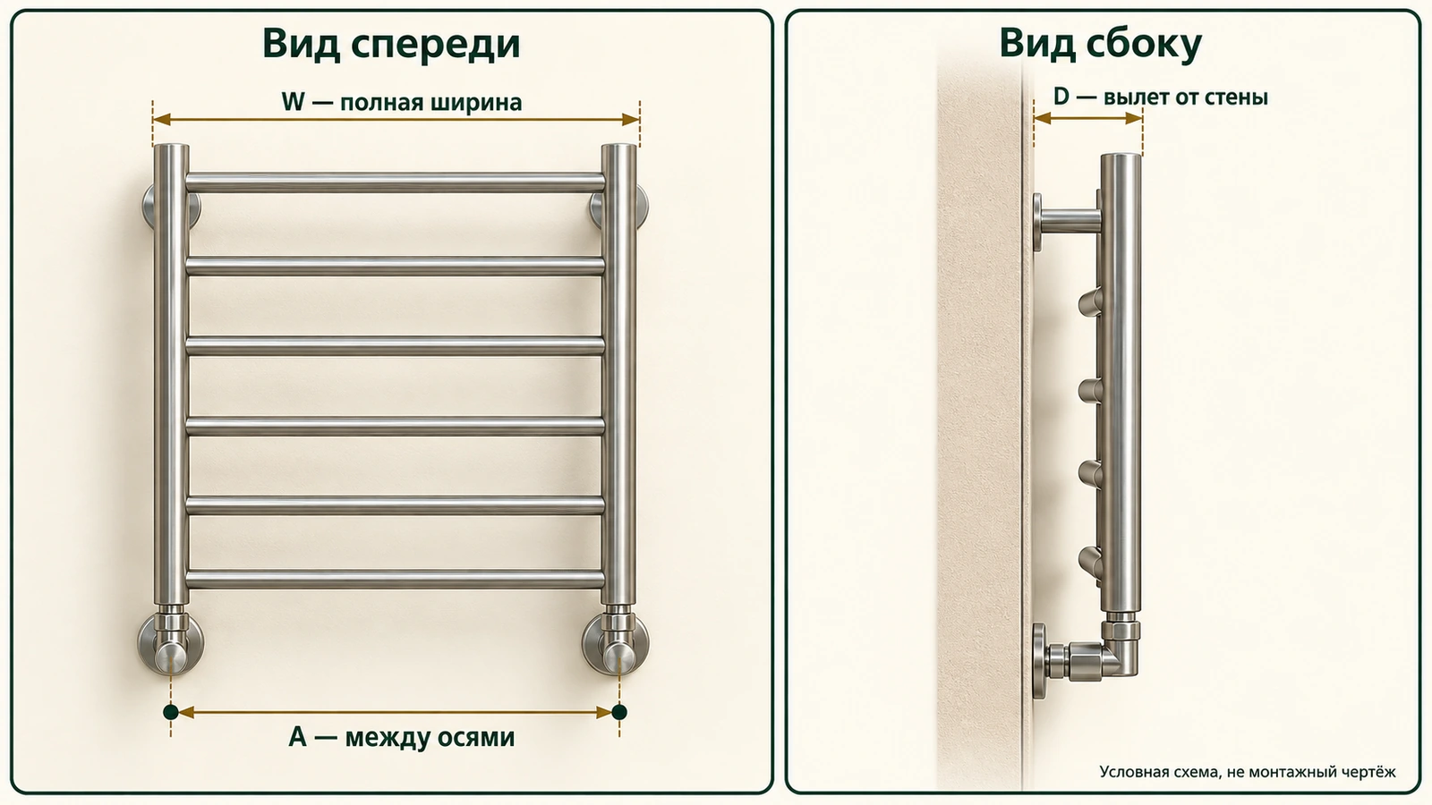 Условная схема межосевого расстояния, полной ширины и вылета полотенцесушителя от стены